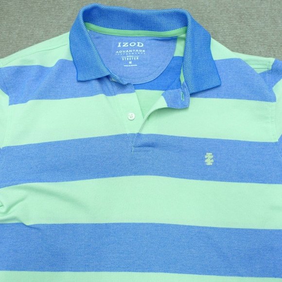 Izod Advantage Stretch Men's Medium Blue Green Stripe Polo Shirt Cotton - Picture 2 of 5